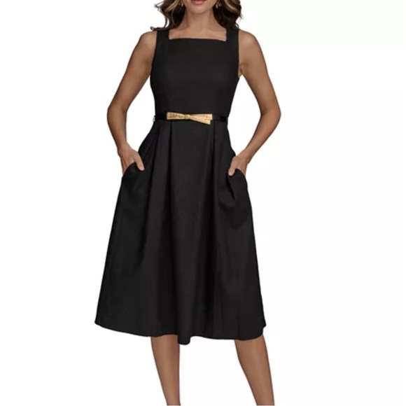 Donna Karan Dresses & Skirts - Donna Karan Black  linen Midi Dress with Gold Bow belt